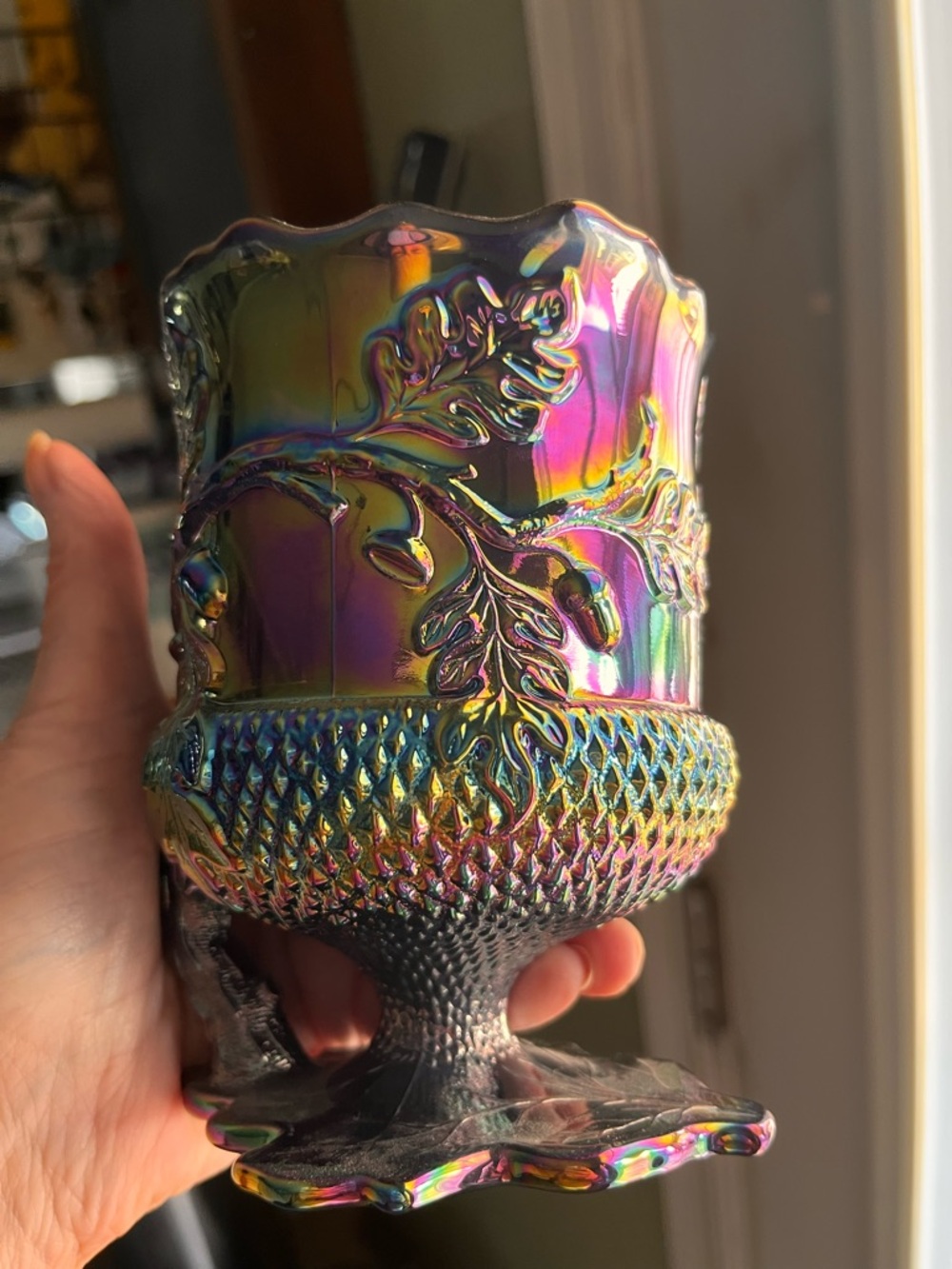 Mosser Glass Acorn Leaf Spooner Bowl - Amethyst Carnival Glass - 2008